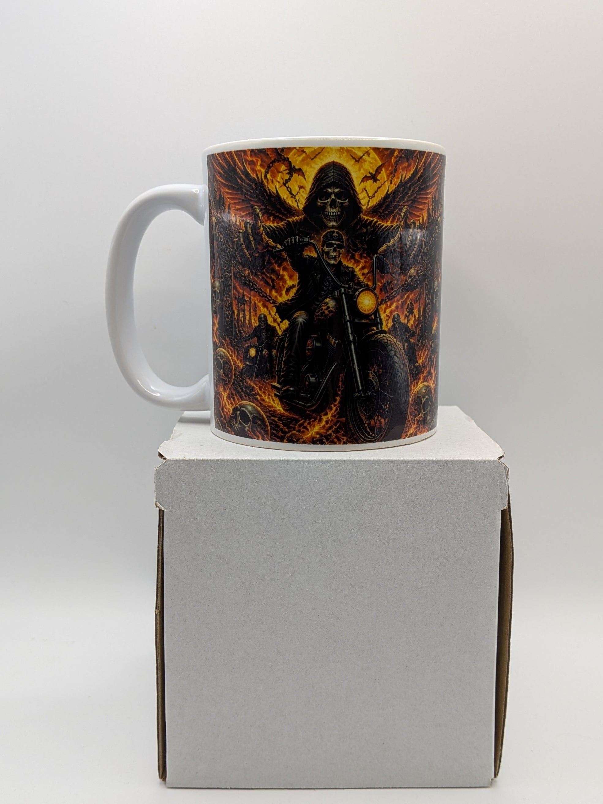 Skeleton Biker Mug – Gothic Motorcycle Flame Design – Biker Gift