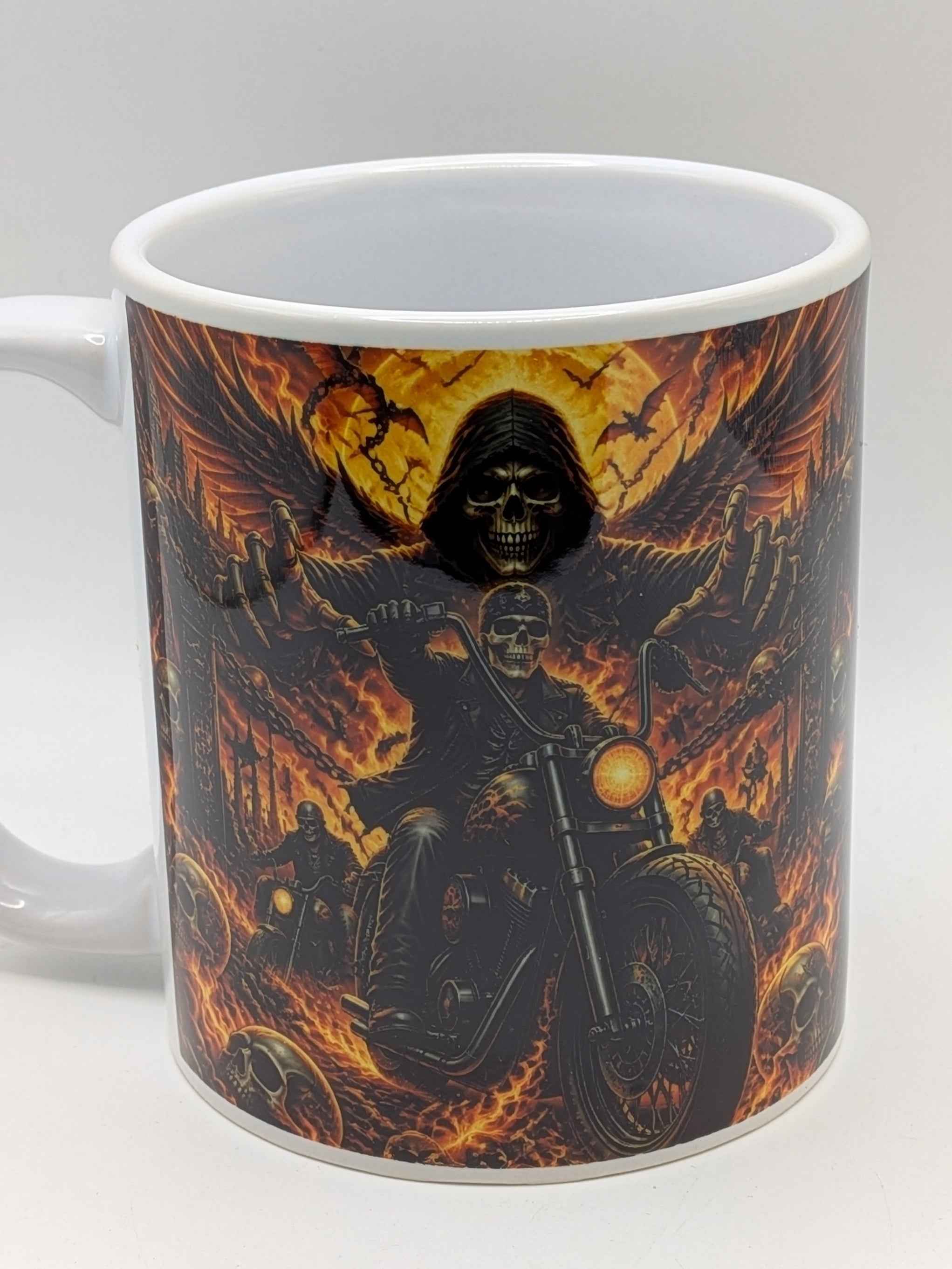Skeleton Biker Mug – Gothic Motorcycle Flame Design – Biker Gift
