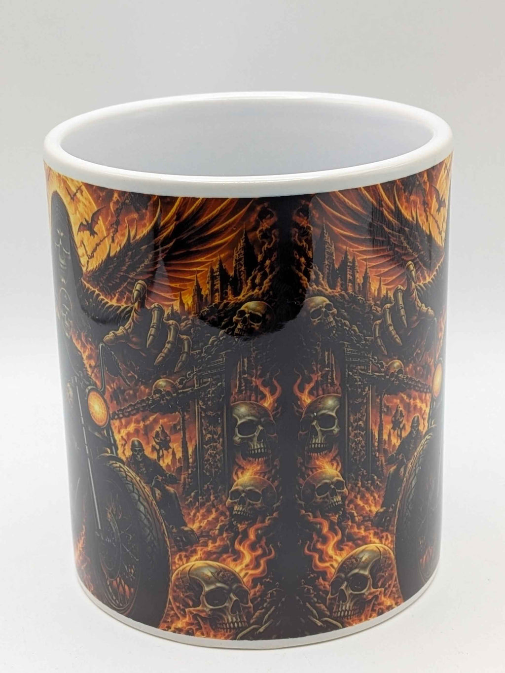 Skeleton Biker Mug – Gothic Motorcycle Flame Design – Biker Gift