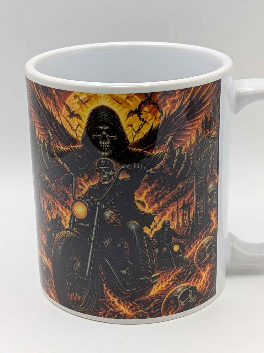 Skeleton Biker Mug – Gothic Motorcycle Flame Design – Biker Gift
