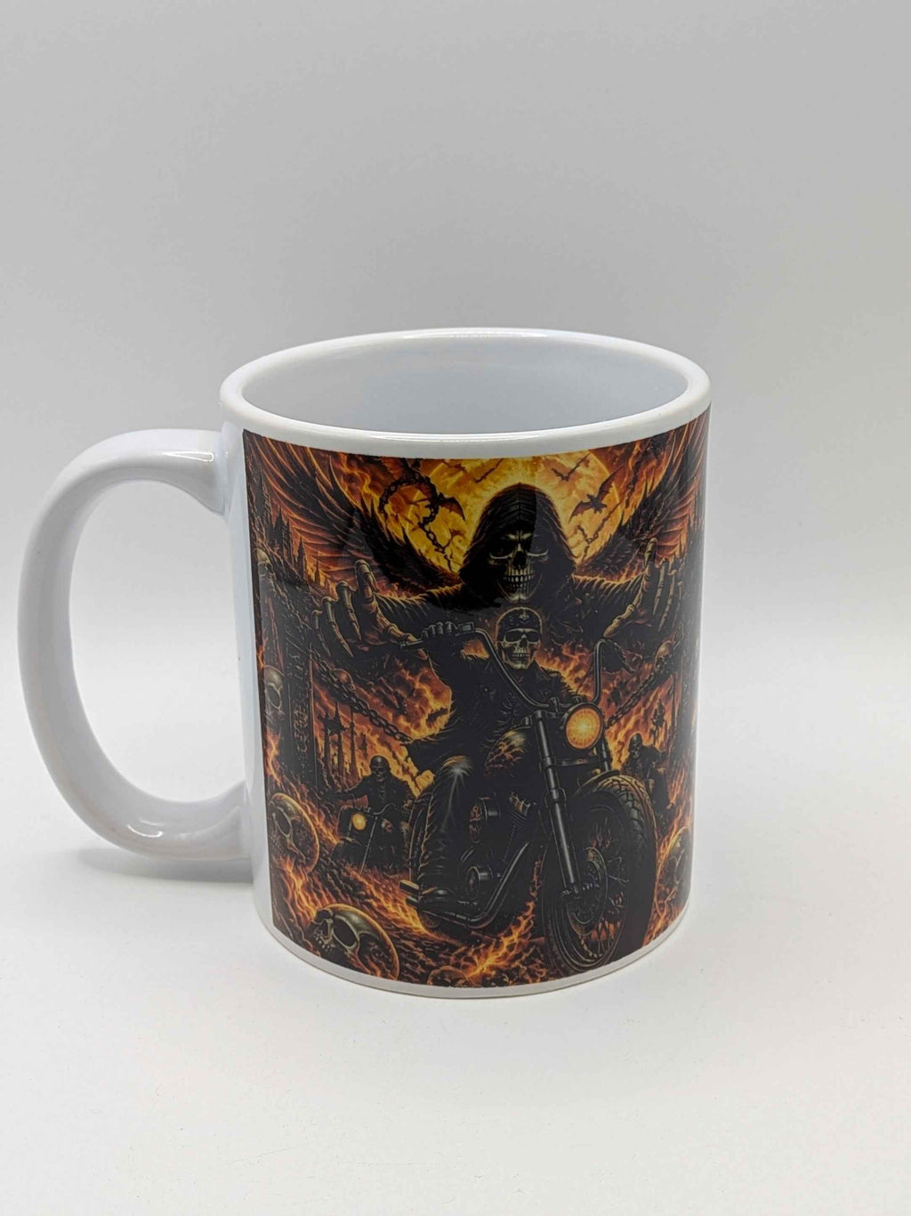 Skeleton Biker Mug – Gothic Motorcycle Flame Design – Biker Gift